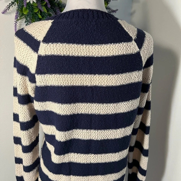 Wallace, M , Long sleeve crewneck navy blue & cream crochet knit sweater. L=24” - Picture 3 of 6